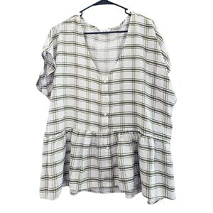 Green Plaid V-Neck Peplum Blouse
